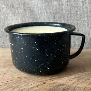Graniteware Enamel Coffee Cup Beeswax CANDLE Black White Specks 4"w x 2.5"h